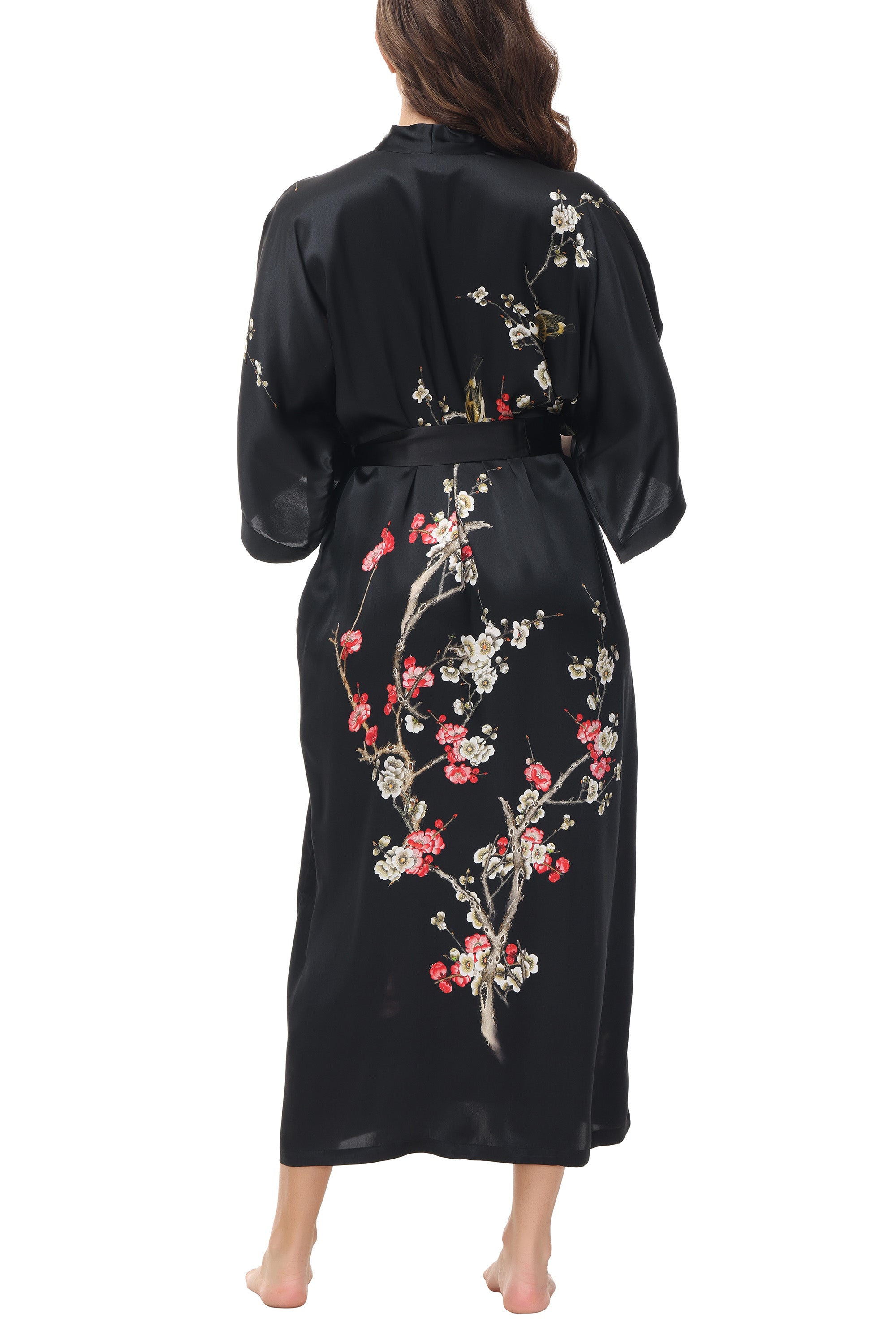 OSCAR ROSSA Women's Silk Sleepwear 100% Silk Charmeuse Long Robe Kimono -  Plum Blossom Black / M/L